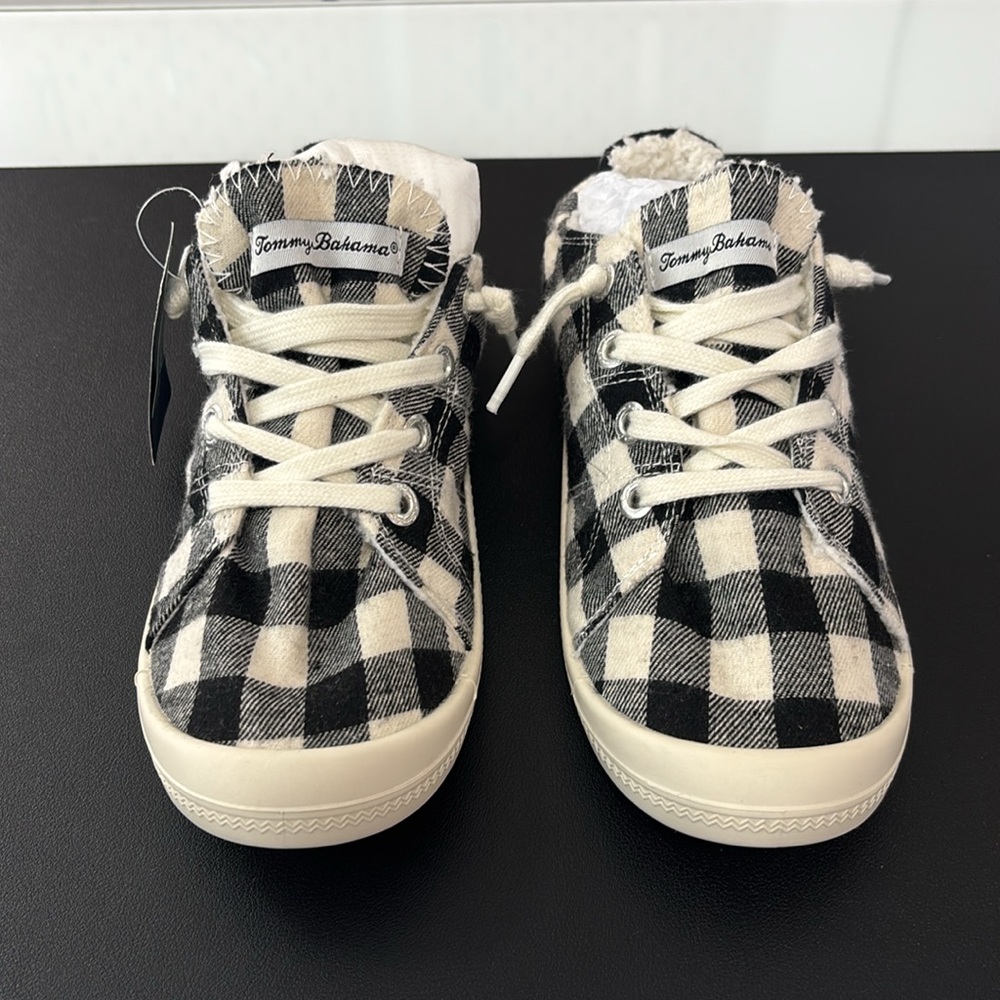 New Tommy Bahama Women's Black/White Gingham Fabric Slip-on Shoes, Sz 7, No Box